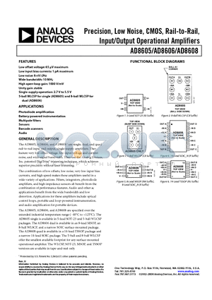 AD8605ACBZ-REEL datasheet - Precision, Low Noise, CMOS, Rail-to-Rail, Input/Output Operational Amplifiers