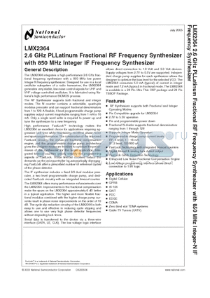 LMX2364TMX datasheet - 2.6 GHz PLLatinum Fractional RF Frequency Synthesizer with 850 MHz Integer IF Frequency Synthesizer
