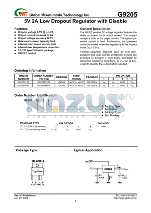 G9205TH1T datasheet - 5V 2A Low Dropout Regulator with Disable