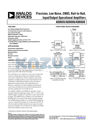 AD8605ARTZ-REEL7 datasheet - Precision, Low Noise, CMOS, Rail-to-Rail, Input/Output Operational Amplifiers