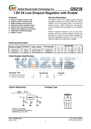 G9218TF4T datasheet - 1.8V 2A Low Dropout Regulator with Enable