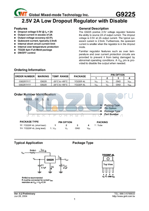 G9225TF3T datasheet - 2.5V 2A Low Dropout Regulator with Disable