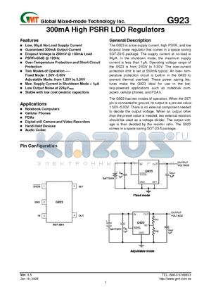 G923-210T1U datasheet - 300mA High PSRR LDO Regulators