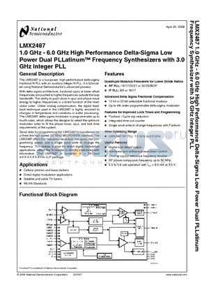 LMX2487_08 datasheet - 1.0 GHz - 6.0 GHz High Performance Delta-Sigma Low Power Dual PLLatinum Frequency Synthesizers with 3.0 GHz Integer PLL
