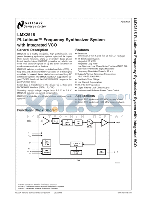 LMX2515LQ0701 datasheet - PLLatinum Frequency Synthesizer System with Integrated VCO