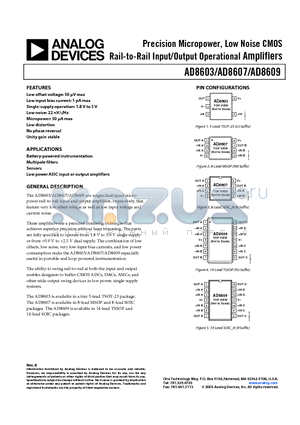 AD8609ARZ-REEL datasheet - Precision Micropower, Low Noise CMOS Rail-to-Rail Input/Output Operational Amplifiers