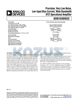 AD8610 datasheet - Precision, Very Low Noise, Low Input Bias Current, Wide Bandwidth JFET Operational Amplifier