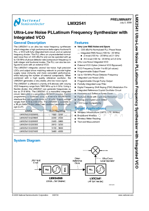 LMX2541SQ3740E datasheet - Ultra-Low Noise PLLatinum Frequency Synthesizer with Integrated VCO