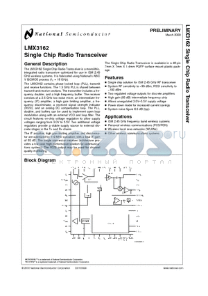 LMX3162VBHX datasheet - Single Chip Radio Transceiver