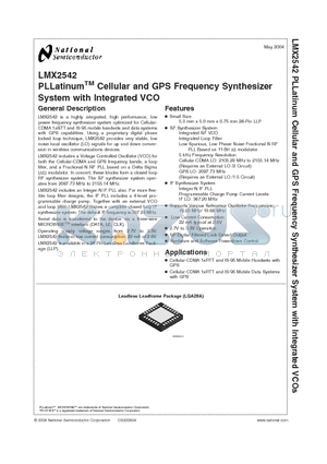 LMX2542LQX2121 datasheet - PLLatinum Cellular and GPS Frequency Synthesizer System with Integrated VCO