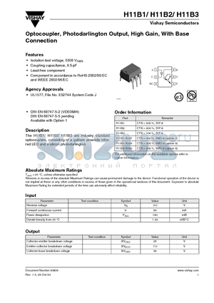 H11B3 datasheet - Optocoupler, Photodarlington Output, High Gain, With Base Connection