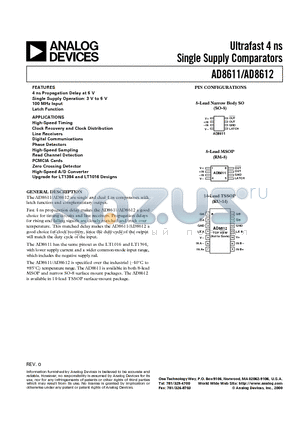 AD8612 datasheet - Ultrafast 4 ns Single Supply Comparators
