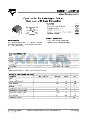 H11B3 datasheet - Optocoupler, Photodarlington Output, High Gain, with Base Connection