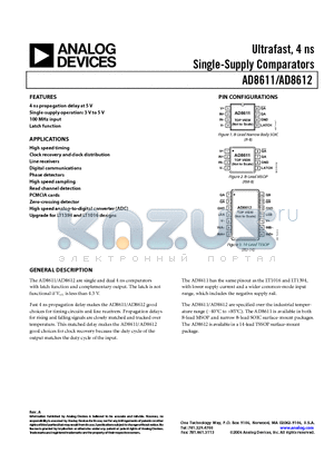 AD8612ARUZ-REEL datasheet - Ultrafast, 4 ns Single-Supply Comparators