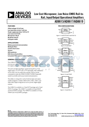 AD8613AUJZ-REEL datasheet - Low Cost Micropower, Low Noise CMOS Rail-to- Rail, Input/Output Operational Amplifiers