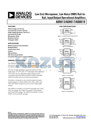 AD8613AUJZ-REEL7 datasheet - Low Cost Micropower, Low Noise CMOS Rail-to- Rail, Input/Output Operational Amplifiers