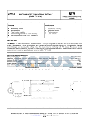 61053-001 datasheet - SILICON PHOTOTRANSISTOR PIGTAIL