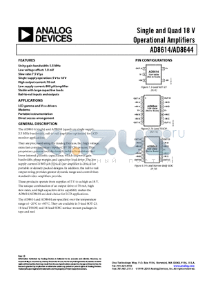 AD8614ARTZ-REEL7 datasheet - Single and Quad 18 V Operational Amplifiers