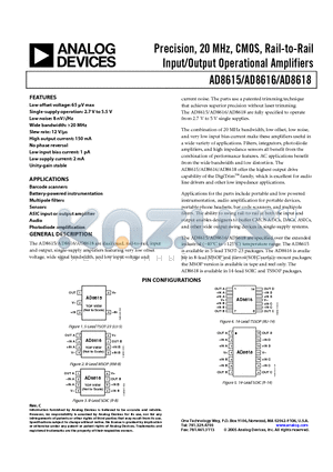 AD8615AUJZ-R2 datasheet - Precision, 20 MHz, CMOS, Rail-to-Rail Input/Output Operational Amplifiers