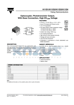 H11D1-X007 datasheet - Optocoupler, Phototransistor Output, With Base Connection, High BVCER Voltage