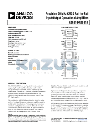 AD8618ARU datasheet - Precision 20 MHz CMOS Rail-to-Rail Input/Output Operational Amplifiers