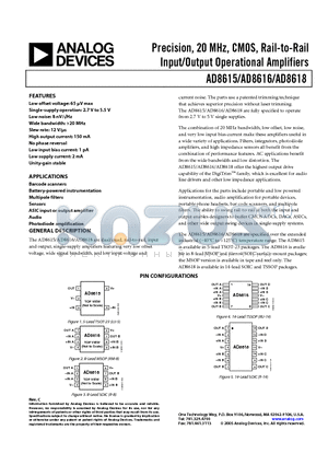 AD8618ARZ datasheet - Precision, 20 MHz, CMOS, Rail-to-Rail Input/Output Operational Amplifiers