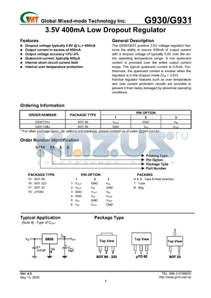 G930T62B datasheet - 3.5V 400mA Low Dropout Regulator