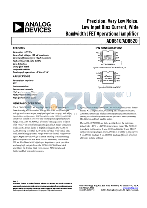 AD8620ARZ-REEL datasheet - Precision, Very Low Noise, Low Input Bias Current, Wide Bandwidth JFET Operational Amplifier