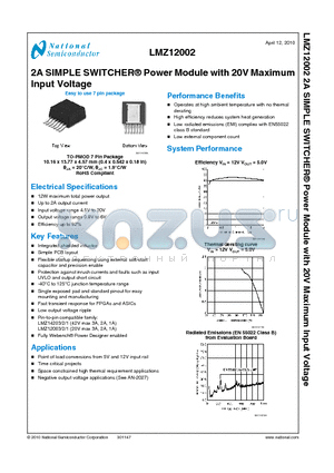 LMZ12002TZE-ADJ datasheet - 2A SIMPLE SWITCHER^ Power Module with 20V Maximum Input Voltage