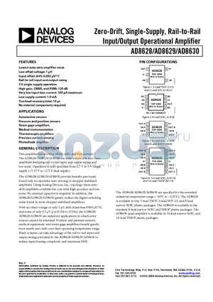 AD8628ARZ datasheet - Zero-Drift, Single-Supply, Rail-to-Rail Input/Output Operational Amplifier