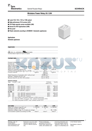 LN113009 datasheet - Miniature Power Relay LN / LNH