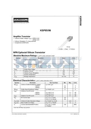 KSP05BU datasheet - Amplifier Transistor