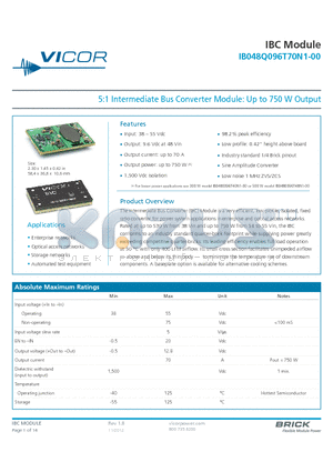 IB048Q096T70N1-00 datasheet - 5:1 Intermediate Bus Converter Module: Up to 750 W Output