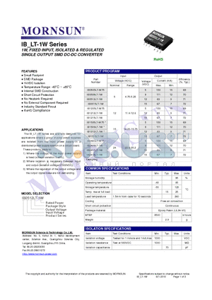 IB0509LT-1W datasheet - 1W, FIXED INPUT, ISOLATED & REGULATED SINGLE OUTPUT SMD DC-DC CONVERTER