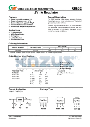 G952T63U datasheet - 1.8V 1A Regulator