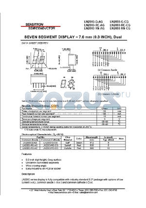 LN2003-G-CG datasheet - SEVEN SEGMENT DISPLAY -7.6mm (0.3 INCH) Dual
