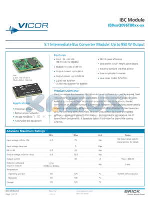IB050Q096T80N3-BP datasheet - 5:1 Intermediate Bus Converter Module: Up to 850 W Output