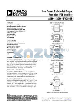 AD8642ARZ-REEL7 datasheet - Low Power, Rail-to-Rail Output Precision JFET Amplifier