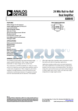 AD8646ARMZ-REEL datasheet - 24 MHz Rail-to-Rail Dual Amplifier