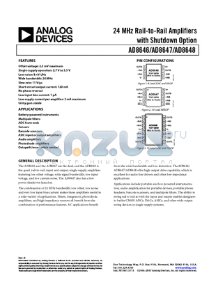 AD8646ARMZ-REEL datasheet - 24 MHz Rail-to-Rail Amplifiers with Shutdown Option
