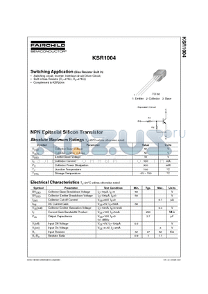 KSR1004 datasheet - Switching Application (Bias Resistor Built In)