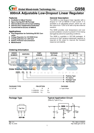 G958 datasheet - 800mA Adjustable Low-Dropout Linear Regulator