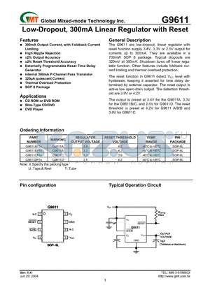 G9611 datasheet - Low-Dropout, 300mA Linear Regulator with Reset