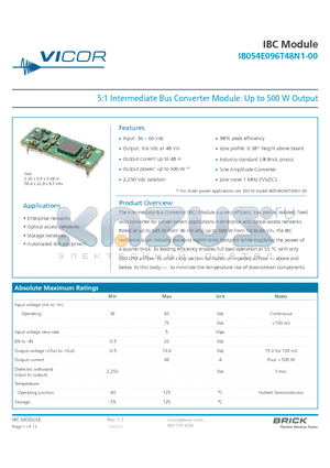 IB054E096T48P2-00 datasheet - 5:1 Intermediate Bus Converter Module: Up to 500 W Output