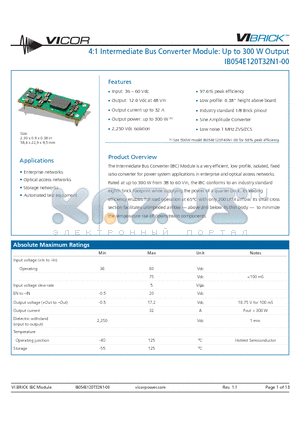 IB054E120T32N1-00 datasheet - 4:1 Intermediate Bus Converter Module: Up to 300 W Output