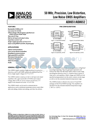 AD8651ARZ-REEL7 datasheet - 50 MHz, Precision, Low Distortion, Low Noise CMOS Amplifiers