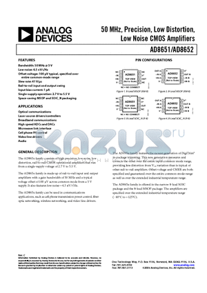AD8652ARMZ-R2 datasheet - 50 MHz, Precision, Low Distortion, Low Noise CMOS Amplifiers