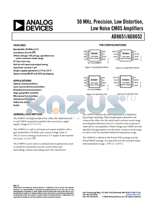 AD8652ARZ datasheet - 50 MHz, Precision, Low Distortion, Low Noise CMOS Amplifiers