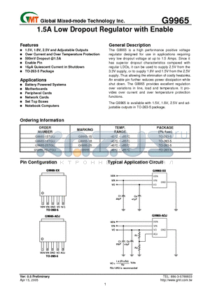 G9965-ADJTGU datasheet - 1.5A Low Dropout Regulator with Enable