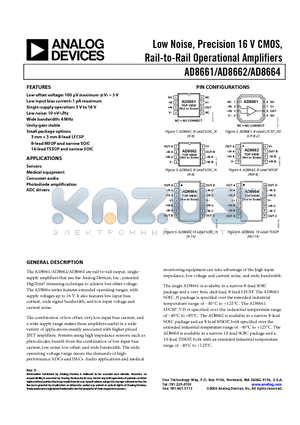 AD8661ARZ-REEL datasheet - Low Noise, Precision 16 V CMOS, Rail-to-Rail Operational Amplifiers